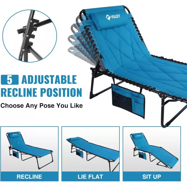 VILLEY Oversized Padded Chaise Lounge with Cushion Foldable Camping Cot Patio Reclining Lounge Chairs Folding Sleeping Bed for Outdoor Indoor Backyard Garden Camping Relaxing Beach TanningBlue