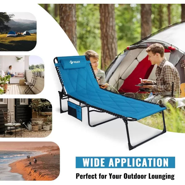 VILLEY Oversized Padded Chaise Lounge with Cushion Foldable Camping Cot Patio Reclining Lounge Chairs Folding Sleeping Bed for Outdoor Indoor Backyard Garden Camping Relaxing Beach TanningBlue