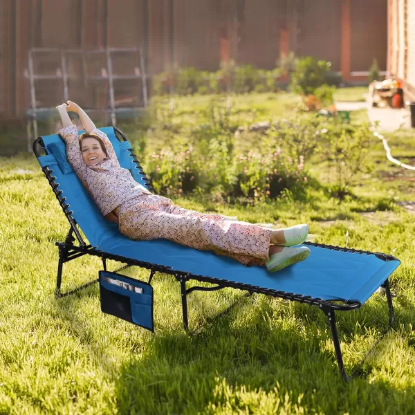 VILLEY Oversized Padded Chaise Lounge with Cushion Foldable Camping Cot Patio Reclining Lounge Chairs Folding Sleeping Bed for Outdoor Indoor Backyard Garden Camping Relaxing Beach TanningBlue