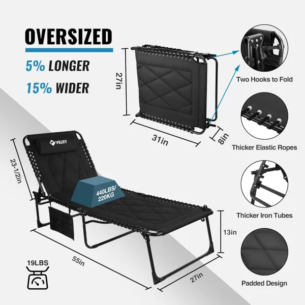 VILLEY Oversized Padded Chaise Lounge with Cushion Foldable Camping Cot Patio Reclining Lounge Chairs Folding Sleeping Bed for Outdoor Indoor Backyard Garden Camping Relaxing Beach TanningBlack