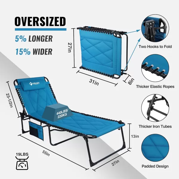 VILLEY Oversized Padded Chaise Lounge with Cushion Foldable Camping Cot Patio Reclining Lounge Chairs Folding Sleeping Bed for Outdoor Indoor Backyard Garden Camping Relaxing Beach TanningBlue