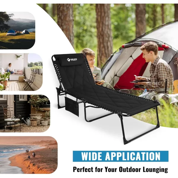 VILLEY Oversized Padded Chaise Lounge with Cushion Foldable Camping Cot Patio Reclining Lounge Chairs Folding Sleeping Bed for Outdoor Indoor Backyard Garden Camping Relaxing Beach TanningBlack