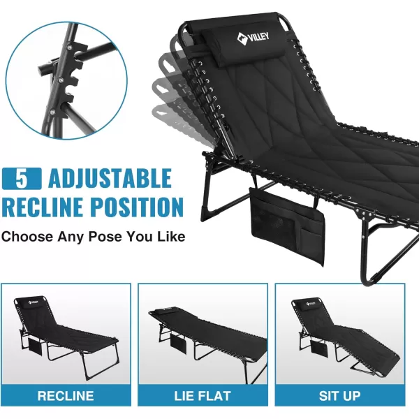 VILLEY Oversized Padded Chaise Lounge with Cushion Foldable Camping Cot Patio Reclining Lounge Chairs Folding Sleeping Bed for Outdoor Indoor Backyard Garden Camping Relaxing Beach TanningBlack