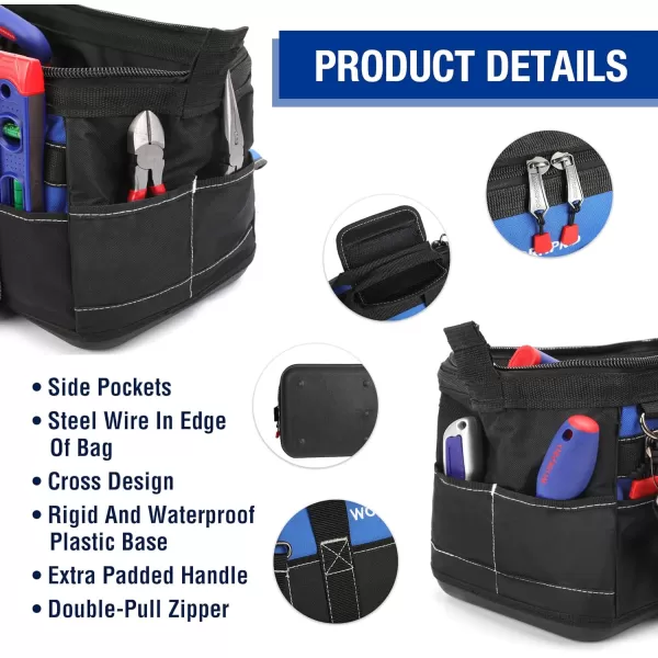 WORKPRO 16inch Wide Mouth Tool Bag Heavy Duty Cloth Tool Storage Bag with Water Proof Molded Base Adjustable Shoulder StrapBlackBlue