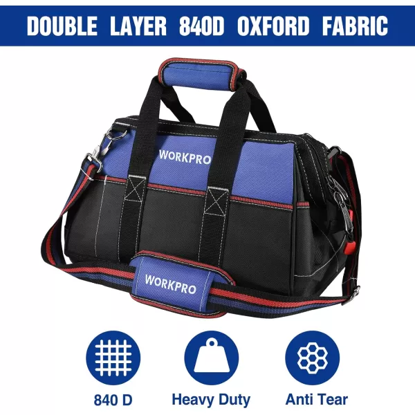WORKPRO 16inch Wide Mouth Tool Bag Heavy Duty Cloth Tool Storage Bag with Water Proof Molded Base Adjustable Shoulder StrapNavy Blue