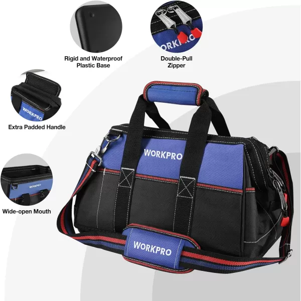 WORKPRO 16inch Wide Mouth Tool Bag Heavy Duty Cloth Tool Storage Bag with Water Proof Molded Base Adjustable Shoulder StrapNavy Blue
