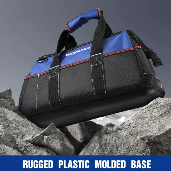 WORKPRO 16inch Wide Mouth Tool Bag Heavy Duty Cloth Tool Storage Bag with Water Proof Molded Base Adjustable Shoulder StrapNavy Blue