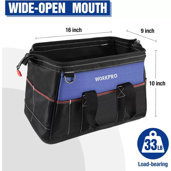 WORKPRO 16inch Wide Mouth Tool Bag Heavy Duty Cloth Tool Storage Bag with Water Proof Molded Base Adjustable Shoulder StrapNavy Blue