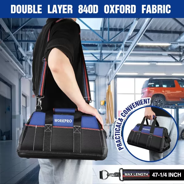 WORKPRO 16inch Wide Mouth Tool Bag Heavy Duty Cloth Tool Storage Bag with Water Proof Molded Base Adjustable Shoulder StrapNavy Blue