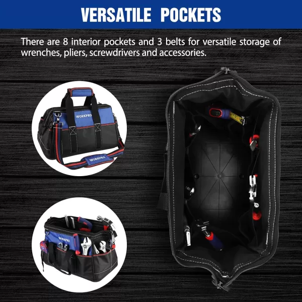 WORKPRO 16inch Wide Mouth Tool Bag Heavy Duty Cloth Tool Storage Bag with Water Proof Molded Base Adjustable Shoulder StrapNavy Blue