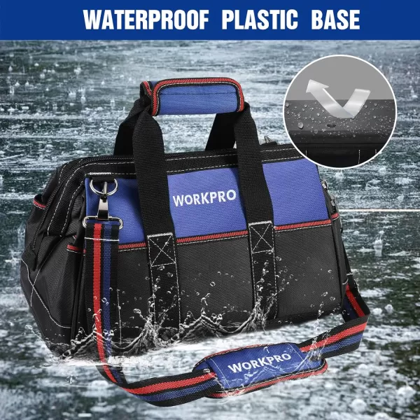 WORKPRO 16inch Wide Mouth Tool Bag Heavy Duty Cloth Tool Storage Bag with Water Proof Molded Base Adjustable Shoulder StrapNavy Blue
