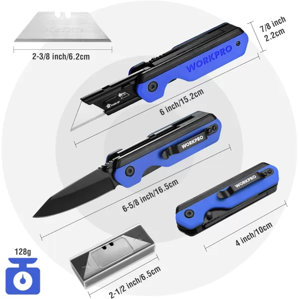 WORKPRO 2in1 Folding KnifeUtility Knife QuickChange Box Cutter with Belt Clip Liner Lock and G10 Handle Extra 10 SK5 Blades Included BlueBlue G10