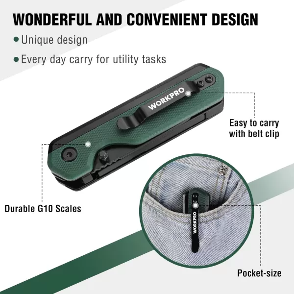 WORKPRO 2in1 Folding KnifeUtility Knife QuickChange Box Cutter with Belt Clip Liner Lock and G10 Handle Extra 10 SK5 Blades Included BlueGreen G10