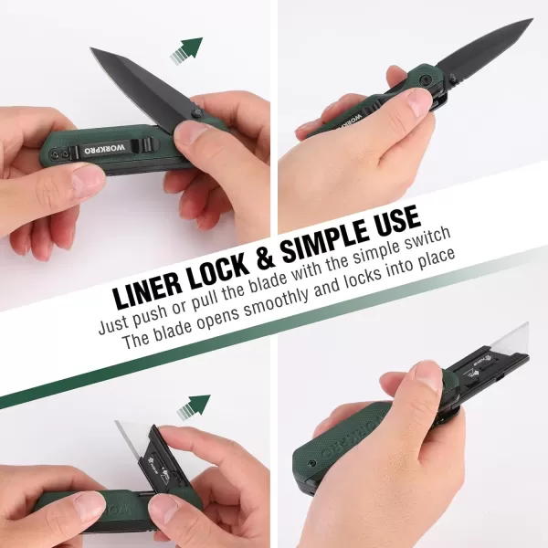 WORKPRO 2in1 Folding KnifeUtility Knife QuickChange Box Cutter with Belt Clip Liner Lock and G10 Handle Extra 10 SK5 Blades Included BlueGreen G10