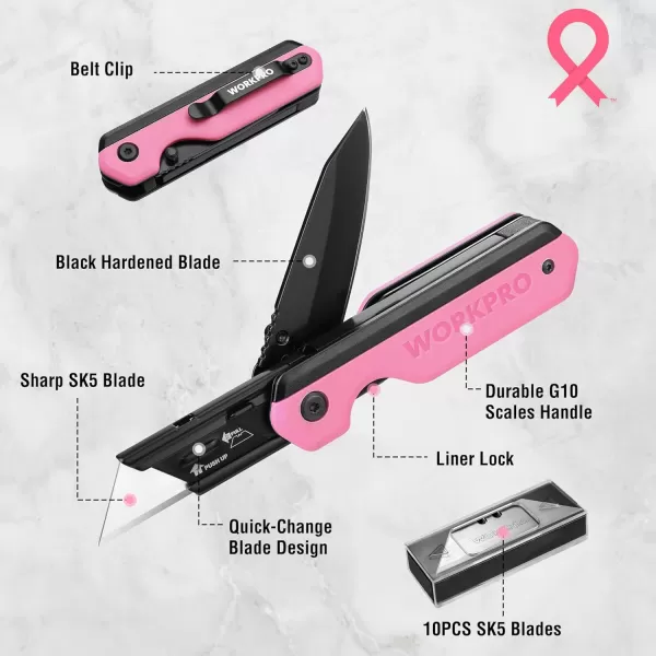 WORKPRO 2in1 Folding KnifeUtility Knife QuickChange Box Cutter with Belt Clip Liner Lock and G10 Handle Extra 10 SK5 Blades Included BluePink G10