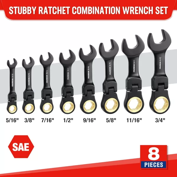 WORKPRO 8Piece Stubby Antislip Ratcheting Combination Wrench Set SAE 51634 in 72Teeth CRV Black Electrophoretic Coating FlexHead Wrench Set with Rolling PouchSAE