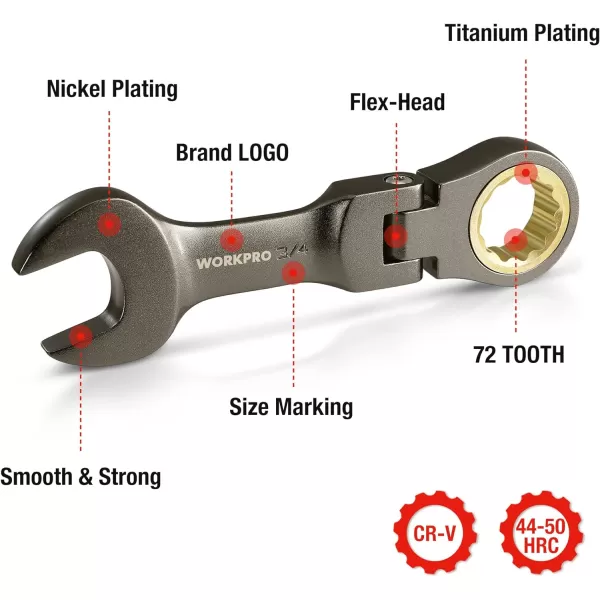 WORKPRO 8Piece Stubby Antislip Ratcheting Combination Wrench Set SAE 51634 in 72Teeth CRV Black Electrophoretic Coating FlexHead Wrench Set with Rolling PouchSAE