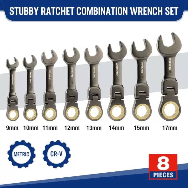 WORKPRO 8Piece Stubby Antislip Ratcheting Combination Wrench Set SAE 51634 in 72Teeth CRV Black Electrophoretic Coating FlexHead Wrench Set with Rolling PouchMetric