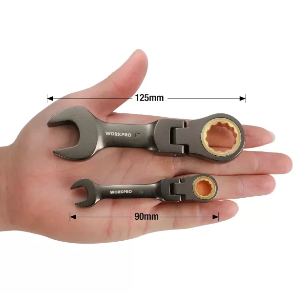 WORKPRO 8Piece Stubby Antislip Ratcheting Combination Wrench Set SAE 51634 in 72Teeth CRV Black Electrophoretic Coating FlexHead Wrench Set with Rolling PouchMetric