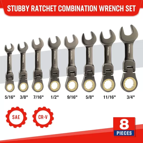 WORKPRO 8Piece Stubby Antislip Ratcheting Combination Wrench Set SAE 51634 in 72Teeth CRV Black Electrophoretic Coating FlexHead Wrench Set with Rolling PouchSAE