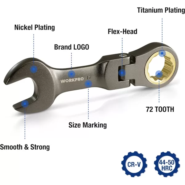 WORKPRO 8Piece Stubby Antislip Ratcheting Combination Wrench Set SAE 51634 in 72Teeth CRV Black Electrophoretic Coating FlexHead Wrench Set with Rolling PouchMetric