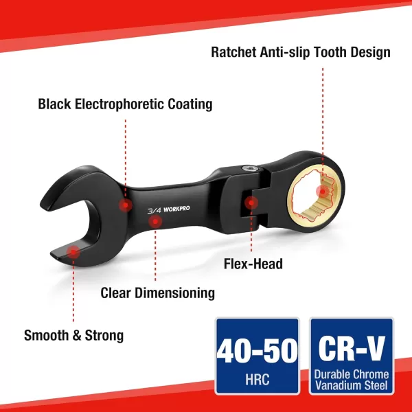 WORKPRO 8Piece Stubby Antislip Ratcheting Combination Wrench Set SAE 51634 in 72Teeth CRV Black Electrophoretic Coating FlexHead Wrench Set with Rolling PouchSAE