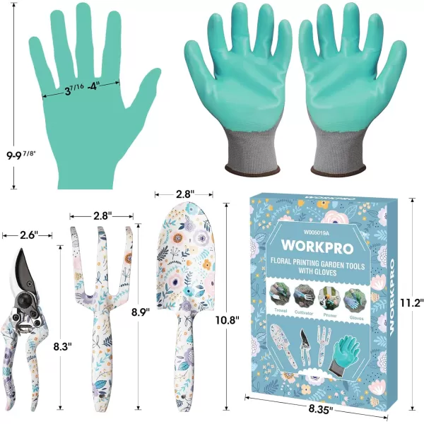 WORKPRO Aluminum Garden Tool Set 4PCS Heavy Duty Hand Garden Tools with Box Include Trowel Rake Pruner Garden Gloves Floral and Insect Printing Garden GiftsWhite