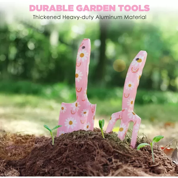 WORKPRO Aluminum Garden Tool Set 4PCS Heavy Duty Hand Garden Tools with Box Include Trowel Rake Pruner Garden Gloves Floral and Insect Printing Garden GiftsPink