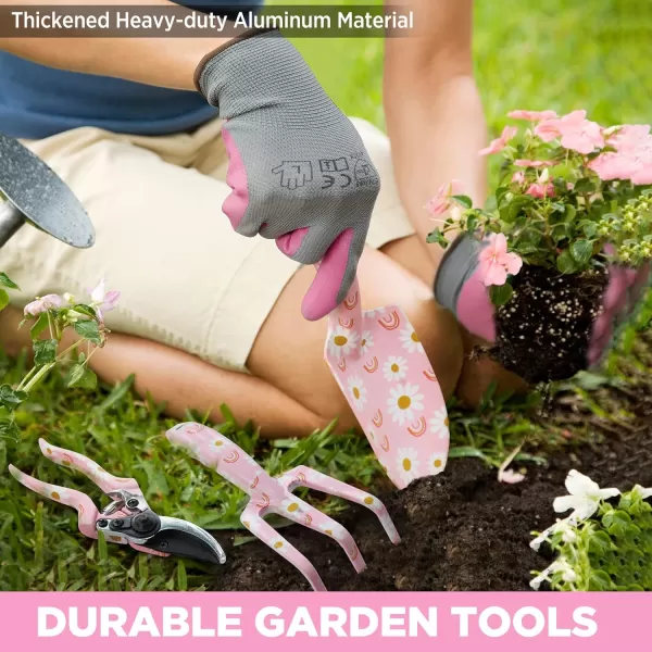 WORKPRO Aluminum Garden Tool Set 4PCS Heavy Duty Hand Garden Tools with Box Include Trowel Rake Pruner Garden Gloves Floral and Insect Printing Garden GiftsPink with bag