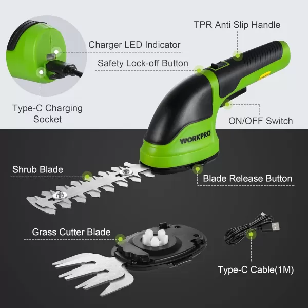 WORKPRO Cordless Grass Shear  Shrubbery Trimmer  2 in 1 Handheld Hedge Trimmer Electric Grass Trimmer Hedge ShearsGrass Cutter Rechargeable LithiumIon Battery and TypeC Cable Included WhiteGreen