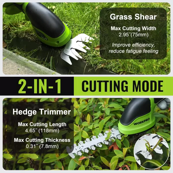 WORKPRO Cordless Grass Shear  Shrubbery Trimmer  2 in 1 Handheld Hedge Trimmer Electric Grass Trimmer Hedge ShearsGrass Cutter Rechargeable LithiumIon Battery and TypeC Cable Included WhiteGreen