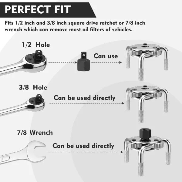 WORKPRO Universal Adjustable Oil Filter Wrench From 3 to 576mm to 130mm Magnetic 3Jaw Oil Filter Removal Tool Heavy Duty Oil Change Tool for Cars Trucks TractorSliver