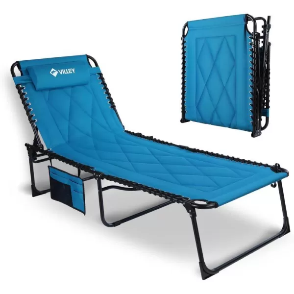 VILLEY Oversized Padded Chaise Lounge with Cushion Foldable Camping Cot Patio Reclining Lounge Chairs Folding Sleeping Bed for Outdoor Indoor Backyard Garden Camping Relaxing Beach TanningBlue