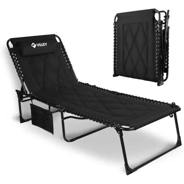 VILLEY Oversized Padded Chaise Lounge with Cushion Foldable Camping Cot Patio Reclining Lounge Chairs Folding Sleeping Bed for Outdoor Indoor Backyard Garden Camping Relaxing Beach TanningBlack