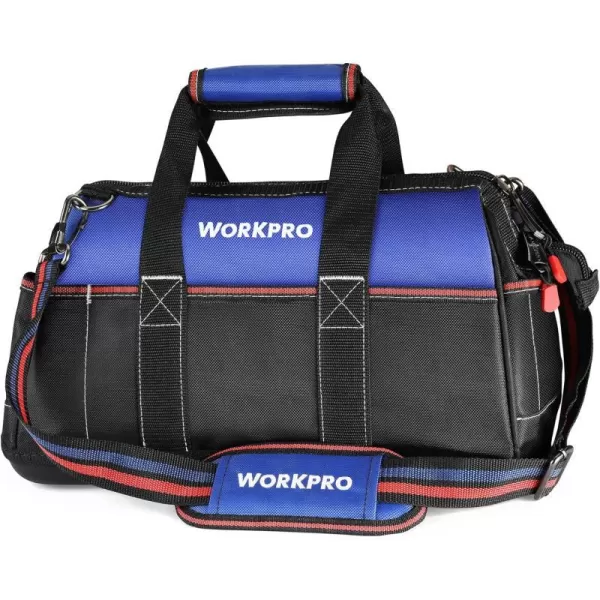 WORKPRO 16inch Wide Mouth Tool Bag Heavy Duty Cloth Tool Storage Bag with Water Proof Molded Base Adjustable Shoulder StrapNavy Blue