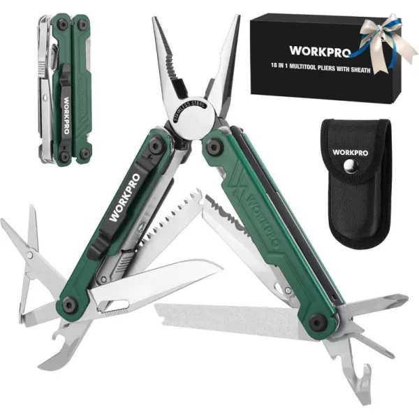 WORKPRO 18in1 Multi Tool Pliers Stainless Steel EDC Multitool with Pocket Knife 2 Safety Locks Belt Clip and Oxford Pouch Multipurpose Utility Multiuse Tool for Camping Outdoor ActivitiesGreen