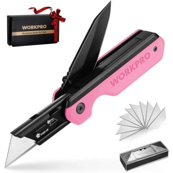 WORKPRO 2in1 Folding KnifeUtility Knife QuickChange Box Cutter with Belt Clip Liner Lock and G10 Handle Extra 10 SK5 Blades Included BluePink G10