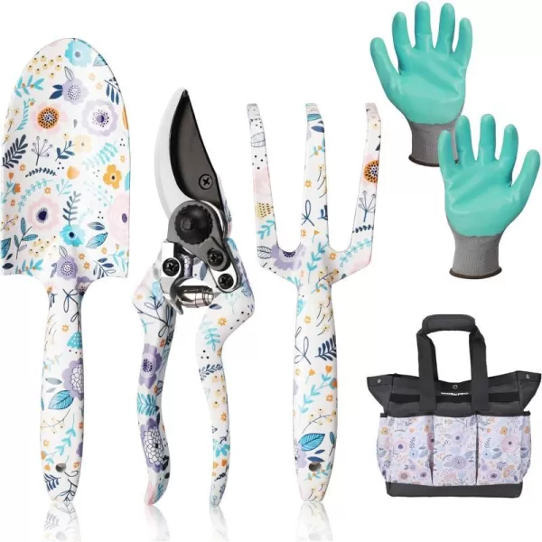 WORKPRO Aluminum Garden Tool Set 4PCS Heavy Duty Hand Garden Tools with Box Include Trowel Rake Pruner Garden Gloves Floral and Insect Printing Garden GiftsWhite with bag