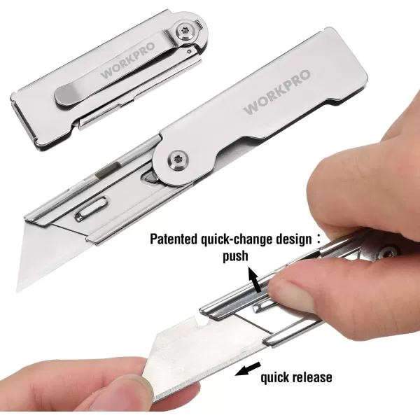 WORKPRO 3Pack Folding Utility Knife Set Quick Change Blade Box Cutter Razor Knife with Belt Clip 10 Extra SK5 Blades for Cartons Cardboard and BoxesSilver