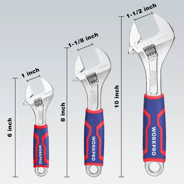 WORKPRO 3piece Adjustable Wrench Set Wide Jaw Opening Wrench With Rubber Antislip Grip MetricSAE Scales Premium CrV Steel Chrome Plated 6inch 8inch 10inchWORKPRO 3piece Adjustable Wrench Set Wide Jaw Opening Wrench With Rubber Antislip Grip MetricSAE Scales Premium CrV Steel Chrome Plated 6inch 8inch 10inch