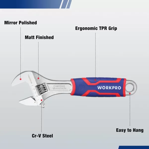 WORKPRO 3piece Adjustable Wrench Set Wide Jaw Opening Wrench With Rubber Antislip Grip MetricSAE Scales Premium CrV Steel Chrome Plated 6inch 8inch 10inchWORKPRO 3piece Adjustable Wrench Set Wide Jaw Opening Wrench With Rubber Antislip Grip MetricSAE Scales Premium CrV Steel Chrome Plated 6inch 8inch 10inch