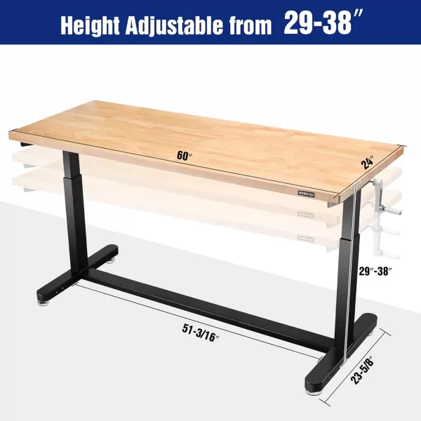 WORKPRO 48 Height Adjustable Work Table with Crank Handle and Casters 48 x 24 Wooden Top Standing Desk Workbench Heights from 2938 500 Lbs Load Capacity for Garage Office Home5FT Height Adjustable