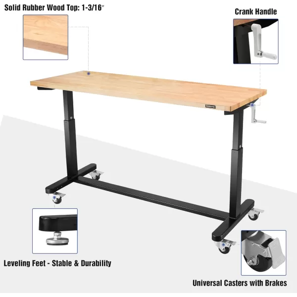 WORKPRO 48 Height Adjustable Work Table with Crank Handle and Casters 48 x 24 Wooden Top Standing Desk Workbench Heights from 2938 500 Lbs Load Capacity for Garage Office Home5FT Height Adjustable