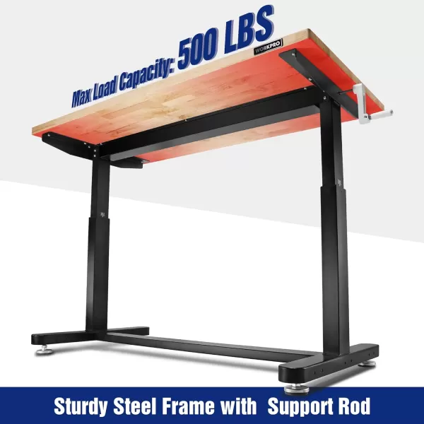 WORKPRO 48 Height Adjustable Work Table with Crank Handle and Casters 48 x 24 Wooden Top Standing Desk Workbench Heights from 2938 500 Lbs Load Capacity for Garage Office Home5FT Height Adjustable