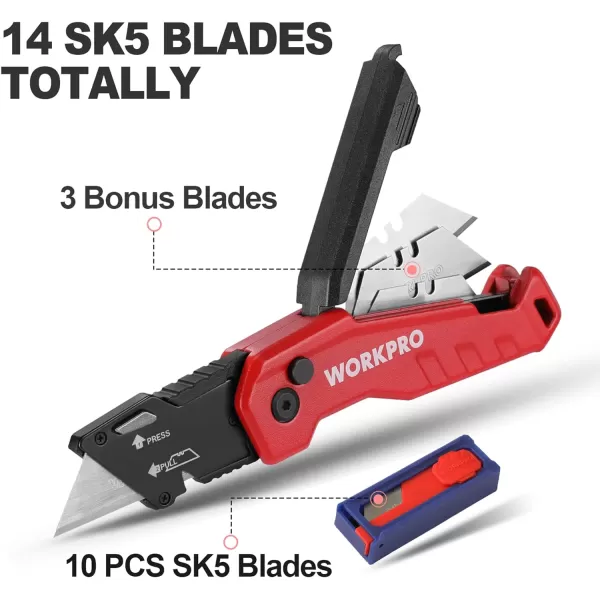 WORKPRO Folding Utility Knife Quick Change Box Cutter Razor Knife for Cartons Cardboard Boxes Blade Storage in Aluminum Handle 13 Extra Blades Included  Pink RibbonRed
