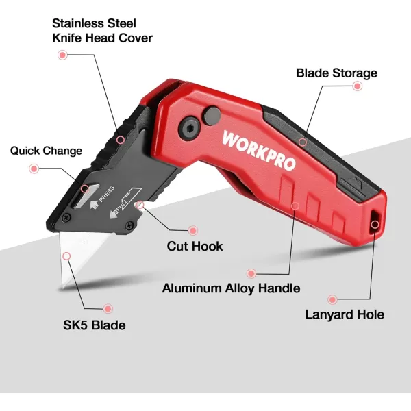 WORKPRO Folding Utility Knife Quick Change Box Cutter Razor Knife for Cartons Cardboard Boxes Blade Storage in Aluminum Handle 13 Extra Blades Included  Pink RibbonRed