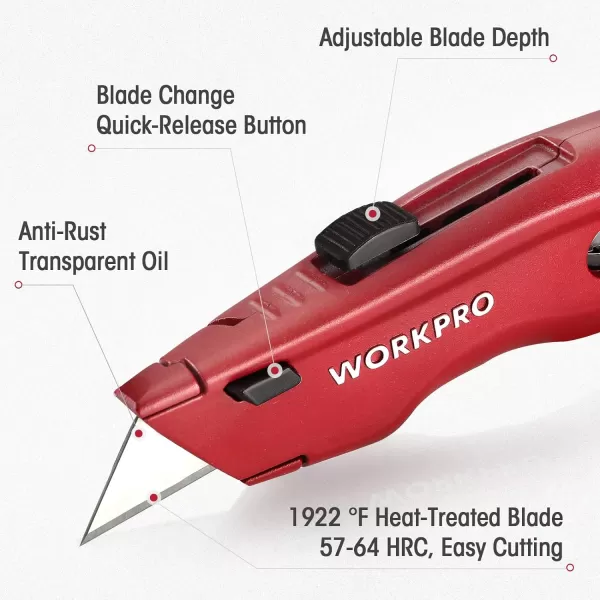 WORKPRO Premium Utility Knife 1PC Retractable All Metal Heavy Duty Box Cutter Quick Change Blade Razor Knife with 10 Extra BladesRed