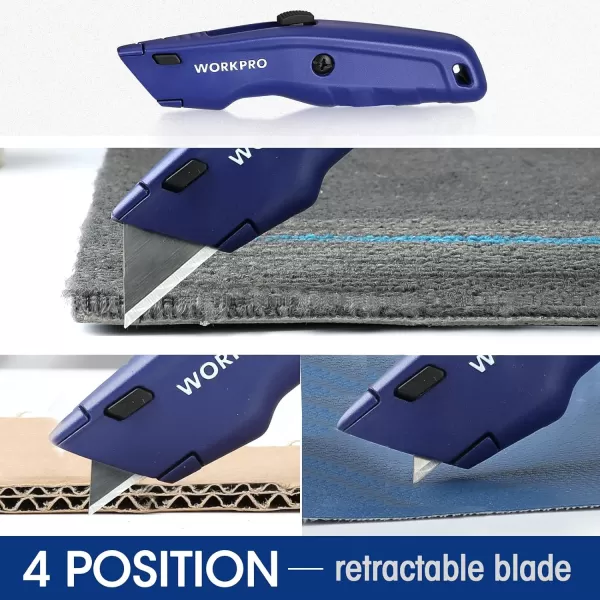 WORKPRO Premium Utility Knife Retractable All Metal Heavy Duty Box Cutter Quick Change Blade Razor Knife with 10 Extra Blades2 Blue