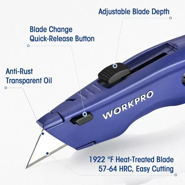 WORKPRO Premium Utility Knife Retractable All Metal Heavy Duty Box Cutter Quick Change Blade Razor Knife with 10 Extra Blades2 Blue