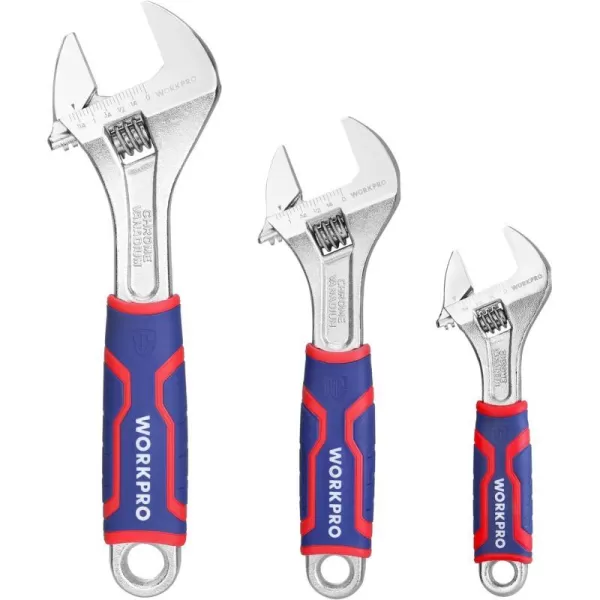 WORKPRO 3piece Adjustable Wrench Set Wide Jaw Opening Wrench With Rubber Antislip Grip MetricSAE Scales Premium CrV Steel Chrome Plated 6inch 8inch 10inchWORKPRO 3piece Adjustable Wrench Set Wide Jaw Opening Wrench With Rubber Antislip Grip MetricSAE Scales Premium CrV Steel Chrome Plated 6inch 8inch 10inch